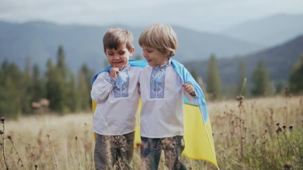 Glada Glada Pojkar Ukrainska Patrioter Barn Med Nationell Flagga Ängen — Stockvideo