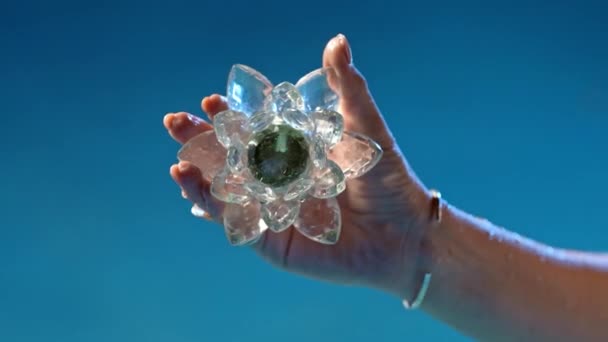 Kobieta Trzymająca Kruchy Kwiat Lotosu Czysta Woda Kapie Kryształu Koncepcja — Wideo stockowe