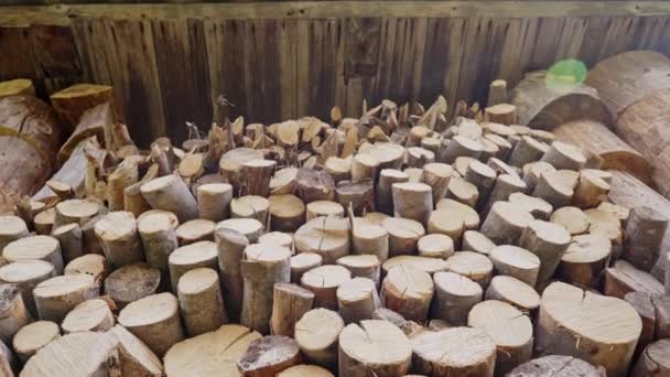 Klocki Posiekanych Ułożonych Stosów Drewna Opałowego Paliwo Ogrzewania Kominkach Piecach — Wideo stockowe
