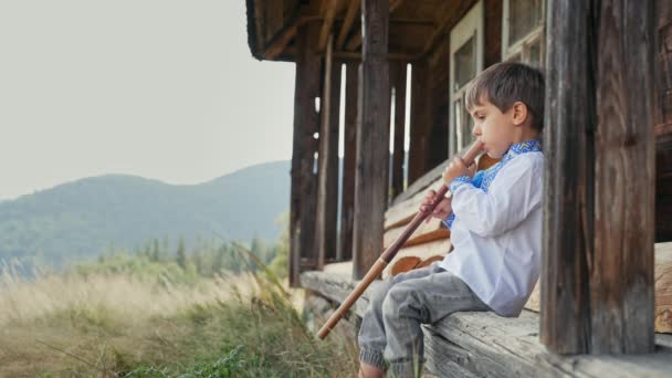 可爱的男孩在木管乐器长笛上弹奏 乌克兰女高音 民谣音乐概念 音乐乐器 穿着传统绣花衬衫的孩子 维希万卡 小孩坐在旧木屋的门廊上 — 图库视频影像