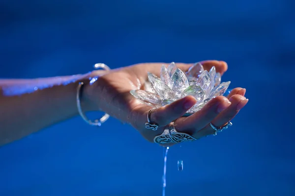 Donna Con Fiore Loto Fragile Gocce Acqua Pulita Sgocciolano Dal — Foto Stock