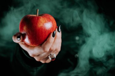 Cadı olarak kadın, cazibe ve zehrin sembolü olarak kırmızı elma sunuyor. Peri masalı, beyaz kar büyücüsü konsepti. Ürkütücü cadılar bayramı, kostümlü oyun. Duman, sisli arka plan. Yüksek kalite fotoğraf