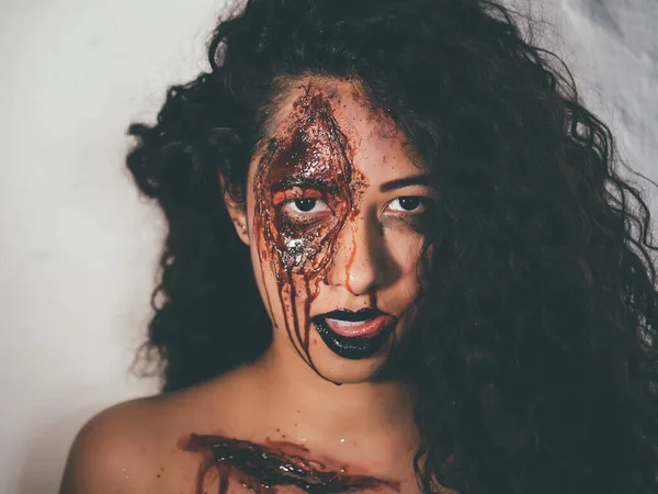 Scary Portrait Young Zombie Woman Halloween Blood Makeup Beautiful Latin — Stock Photo, Image