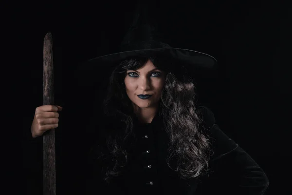 Retrato Bruxa Negra Noite Traje Mascarada Halloween Decoração Festa Magia — Fotografia de Stock