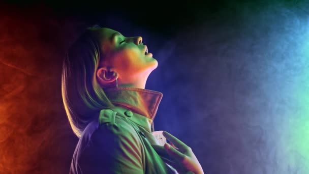 Young Woman Neon Multi Colors Light Smoke Steaming Background Millennial — Stock Video