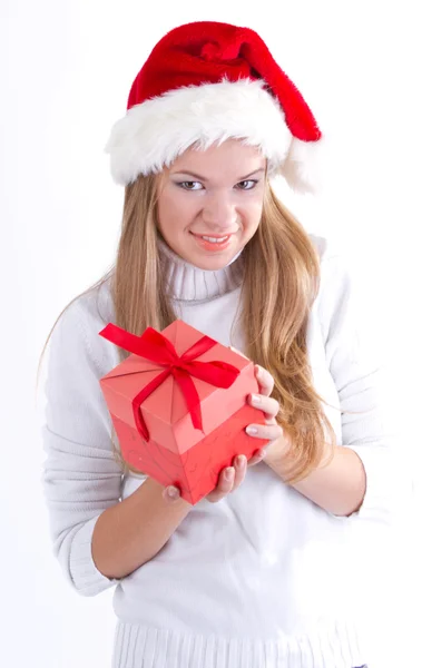 Happy young girl with gift box — Stock Photo, Image