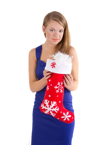 Girl holding a red Christmas sock — Stock Photo, Image