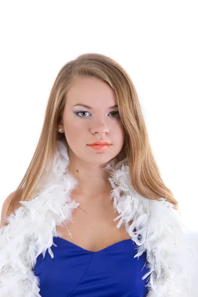 Woman in blue dress with her white feathered boa — Stock Photo, Image
