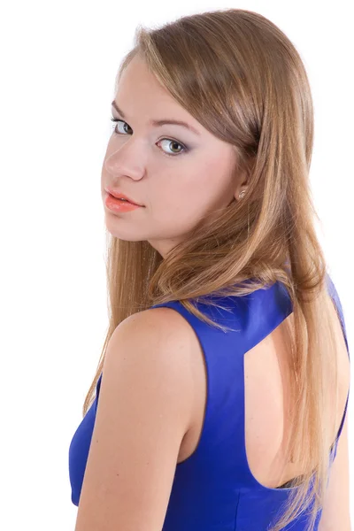 Menina bonita em vestido azul com costas cortadas — Fotografia de Stock