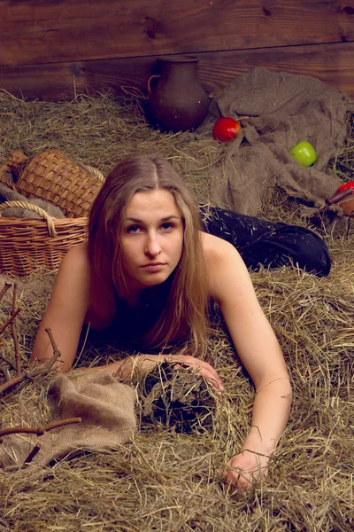 Hermosa mujer sonriente en pajar en la granja — Foto de Stock