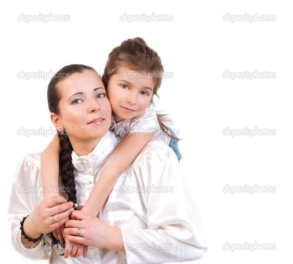 daughter gently hugs his mom. isolate