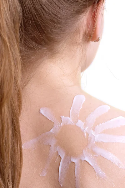Creme solar desenhado no ombro — Fotografia de Stock