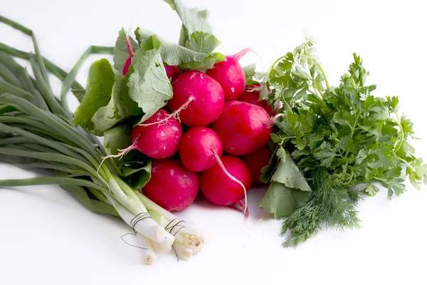 Čerstvý špenát, okurky a rajčata — Stock fotografie