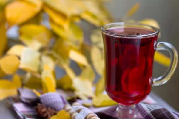 Red Tea and autumn leafs — Stock Photo, Image