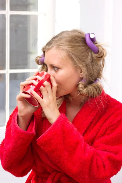 Girl drinking morning tea — Stock Photo, Image