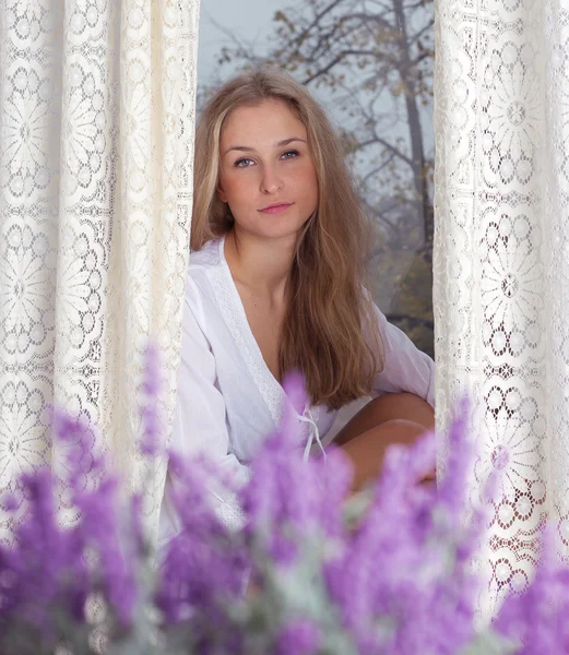 Woman enjoying her morning near window — Stock Photo, Image