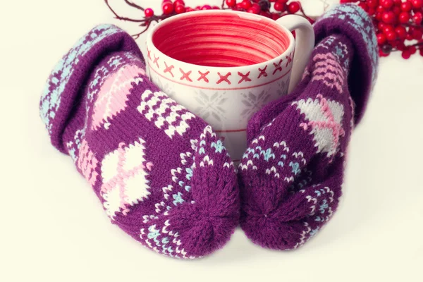 Cozy red gloves hold a mug — Stock Photo, Image