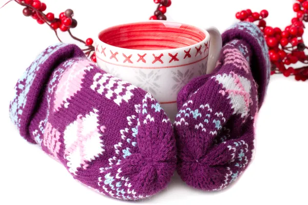 Cozy red gloves hold a mug — Stock Photo, Image