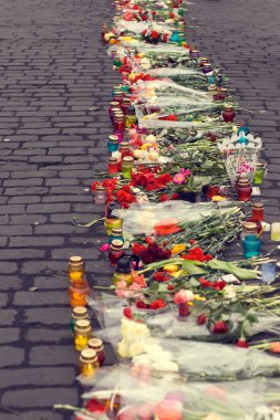Kiev, Ukrayna, Şubat: çiçekler, bellekte lambalar