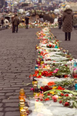 Kiev, Ukrayna, Şubat: çiçekler, bellekte lambalar