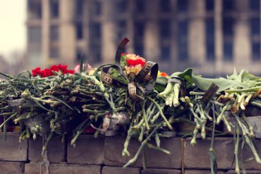 Kiev, Ukrayna, Şubat: çiçekler, bellekte lambalar