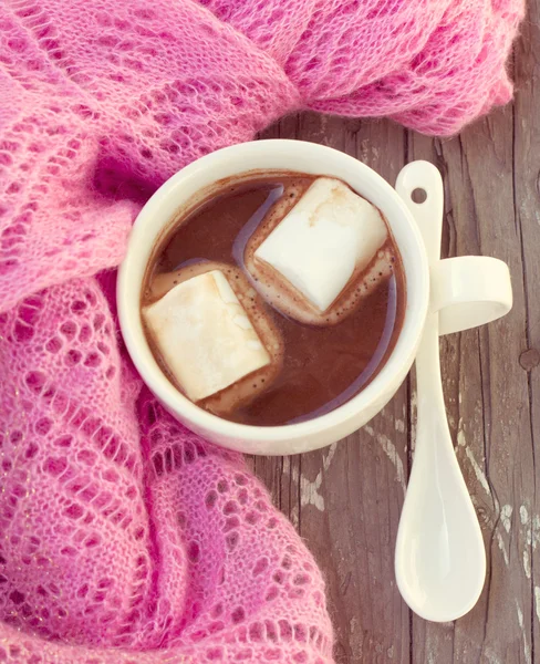 Xícara de chocolate quente envolto em um cachecol — Fotografia de Stock