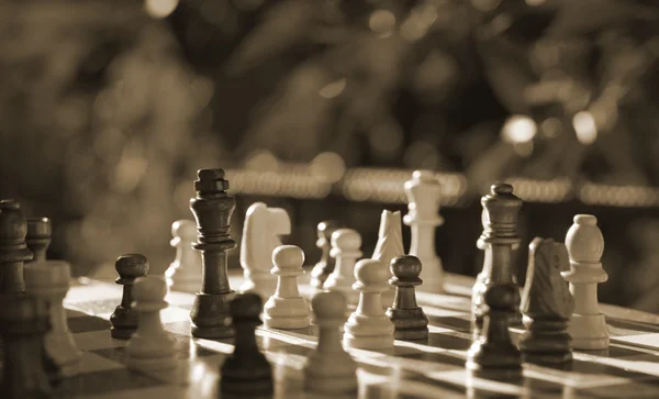 Peças de xadrez na placa de madeira — Fotografia de Stock