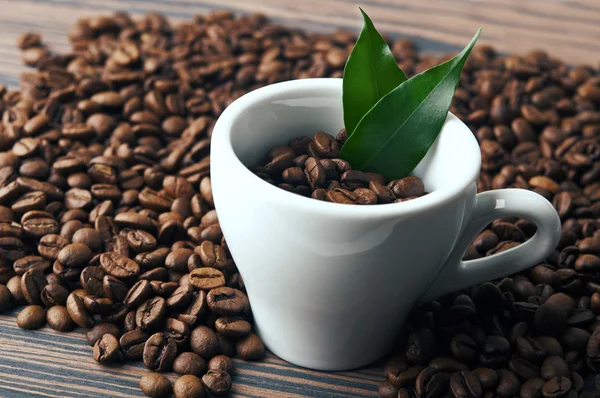 Taza de café con hojas frescas — Foto de Stock