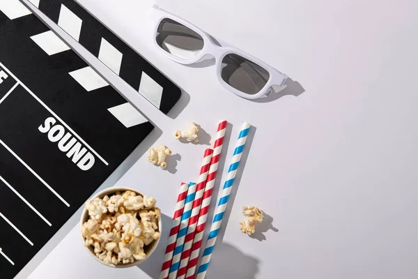 White Movie Glasses Sweet Popcorn Cinema Clapper White Background Top — Stock Photo, Image