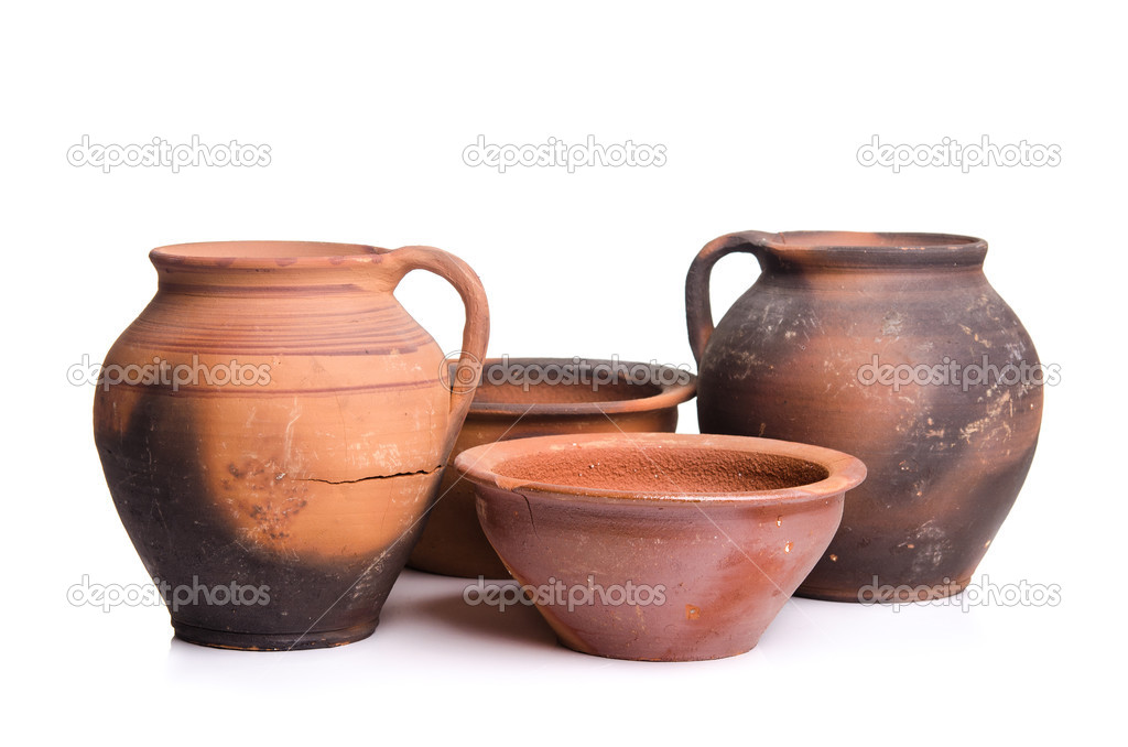 old ceramic pitchers isolated