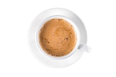 Beyaz arka planda izole edilmiş kapuçino kahve fincanı. Üst görünüm. 