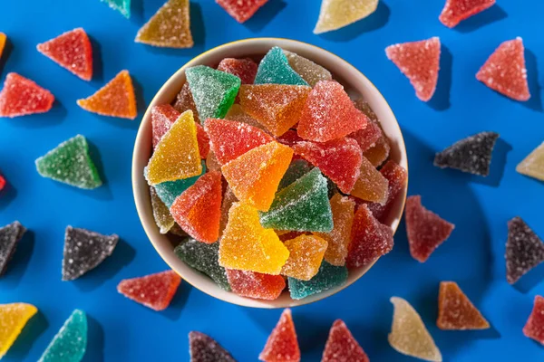 Multicolored Sugar Jelly Sweets Blue Background Top View Children Favorite — Stock Photo, Image