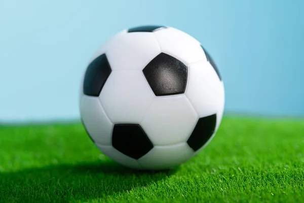 Bola Fútbol Clásico Una Hierba Verde Fondo Azul Cielo Protector —  Fotos de Stock