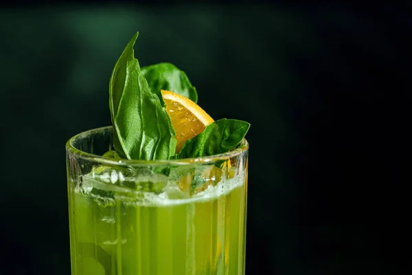 Fresh Summer Green Basil Cocktail Glass Dark Background Diet Drink — Stock Fotó