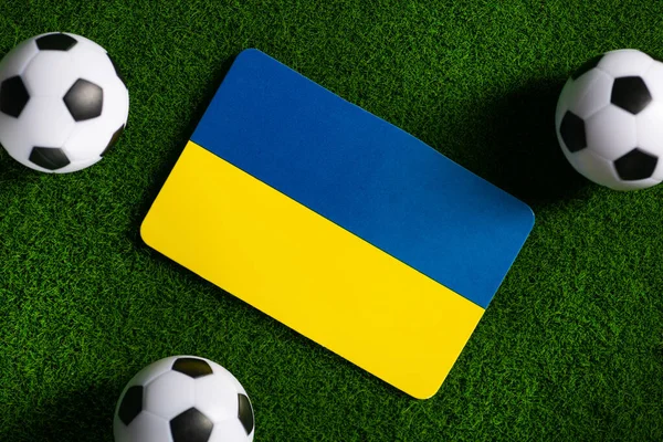 Flag Ukraine Football Balls Green Lawn World Cup 2022 Top — 스톡 사진