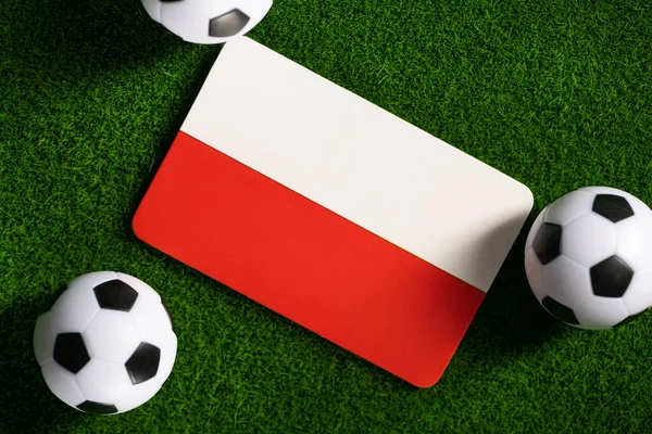 Flag Poland Football Balls Green Lawn World Cup 2022 Top — 스톡 사진