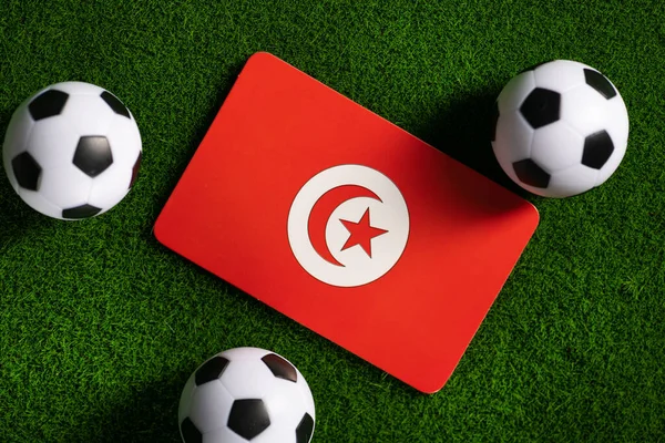 Flag Tunisia Football Balls Green Lawn World Cup 2022 Top — 스톡 사진