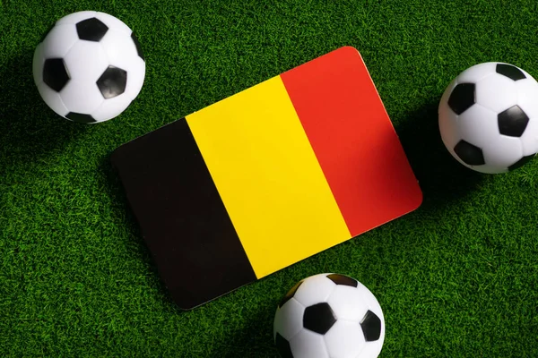 Flag Belgium Football Balls Green Lawn World Cup 2022 Top — 스톡 사진