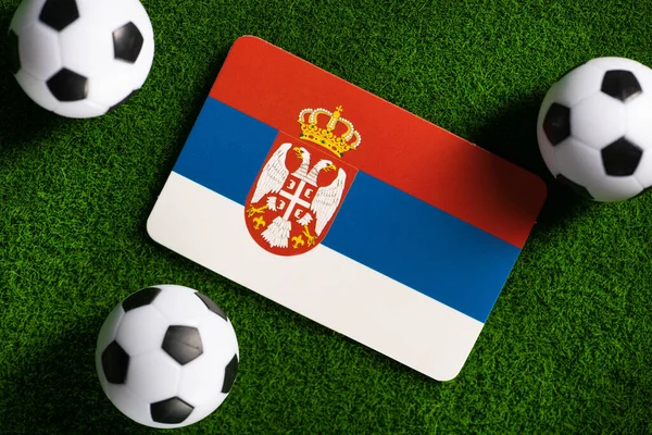 Flag Serbia Football Balls Green Lawn World Cup 2022 Top — 스톡 사진