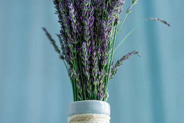 Lavender flower in vase on aqua color background. Scandinavian home style.
