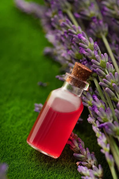 Glass Bottle Essence Lavender Another Flower Creating Perfume Background Green — Φωτογραφία Αρχείου