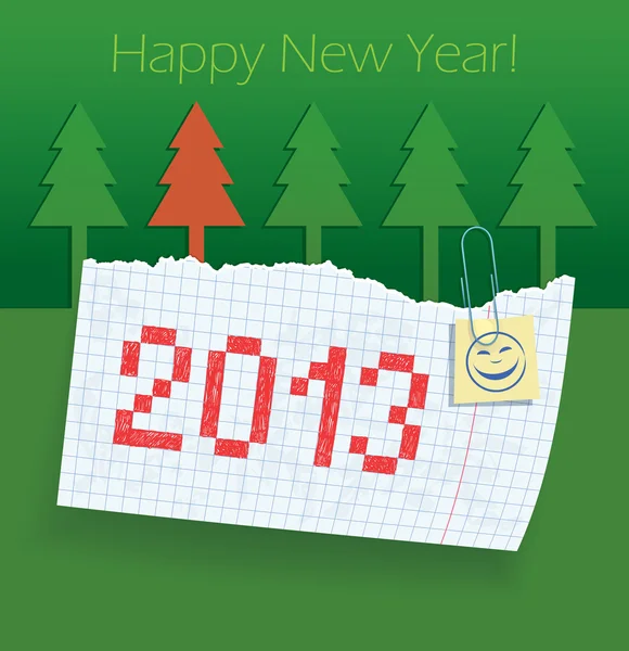 Cahier d'exercices déchiré dans la boîte avec la date 2013 peinte. Les feuilles sont attachées clip. Applique d'arbres coupés. Félicitations pour la nouvelle année . — Image vectorielle