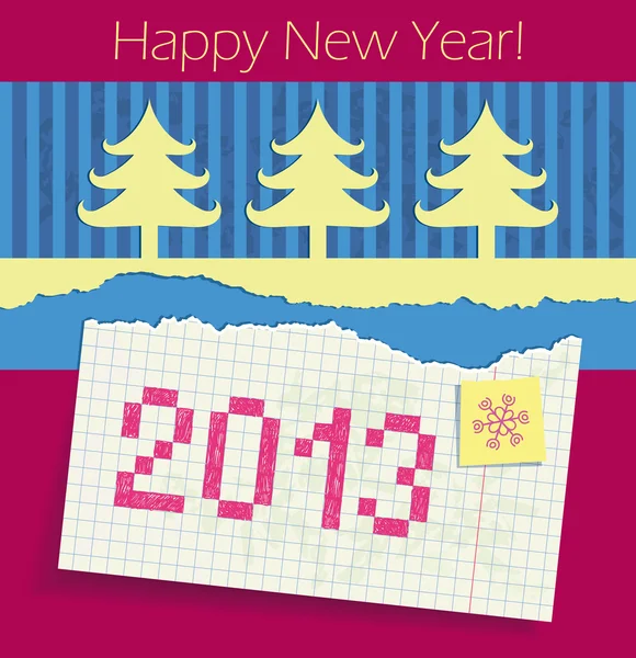 Zerrissenes Schulheft im Karton mit der Jahreszahl 2013 aufgemalt. Applikation aus geschnittenen Weihnachtsbäumen und buntem Papier. Glückwünsche zum neuen Jahr. — Stockvektor
