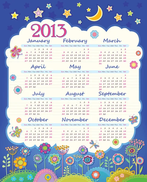 Kalender voor 2013. wolk in de nachtelijke hemel. kinderen stoffen bloemen — Stockvector