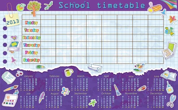 Calendar for 2013. Week starts on Monday. Sheet in a cage for school schedule. Schedule. Stickers on the school theme — Stock Vector