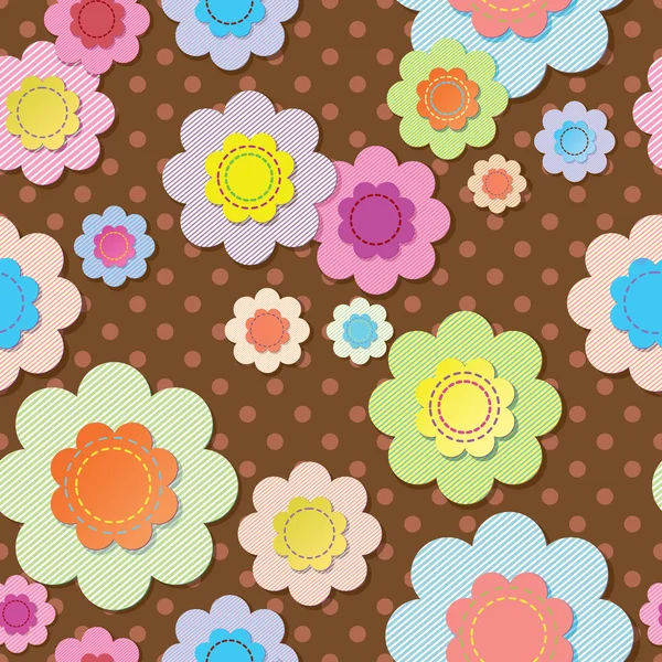 Seamless textile flowers on brown polka dot fabric — Stock Vector