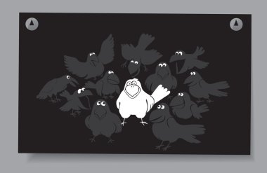 Of a card - a flock of birds. A white crow among the gray crow on a black background clipart