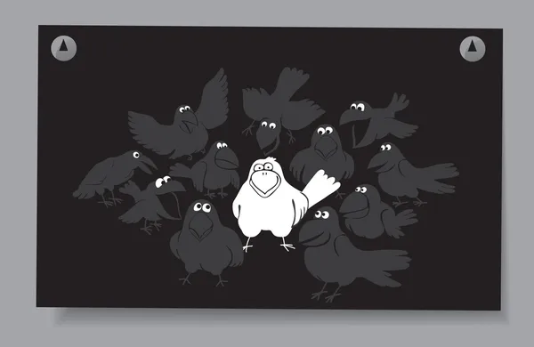 Of a card - a flock of birds. A white crow among the gray crow on a black background — Stock Vector