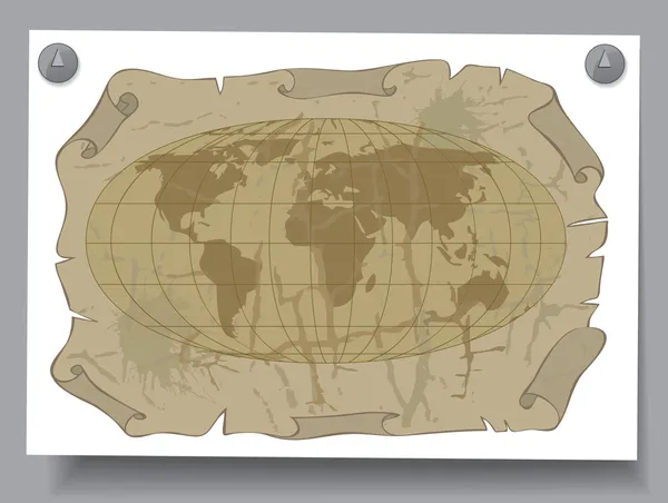 Tarjeta de aprendizaje - Mapa del mundo en una hoja de papel vieja — Vector de stock