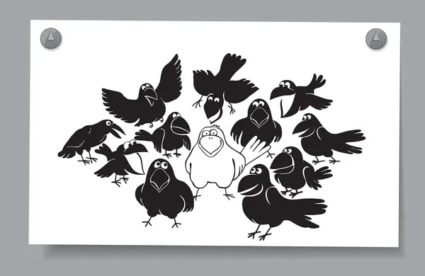 Of a card - a flock of birds. A white crow among the black — Stock Vector